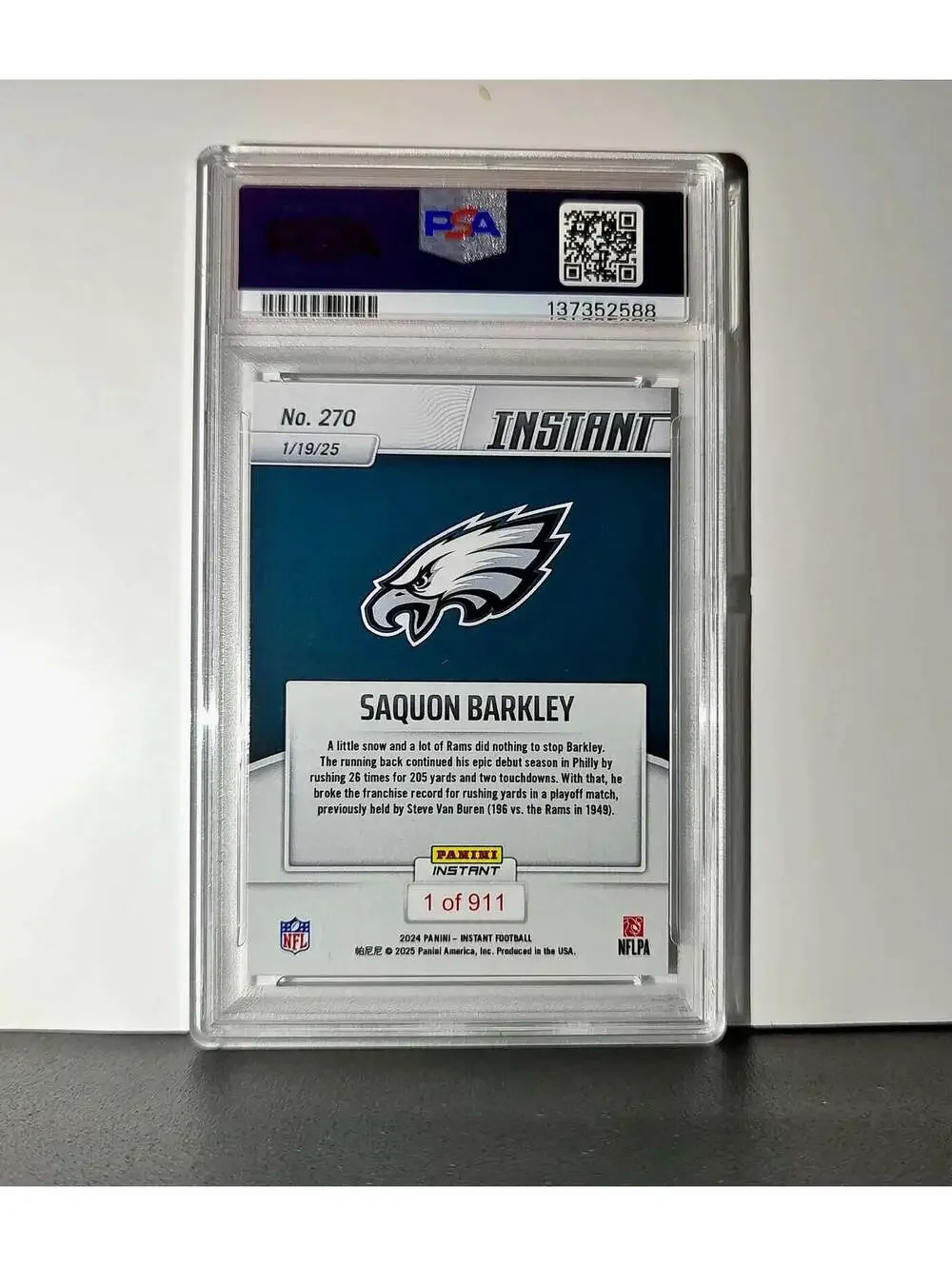 Saquon Barkley 2024 Panini Record Breaker NFL #270 Philadelphia Eagles PSA 10
